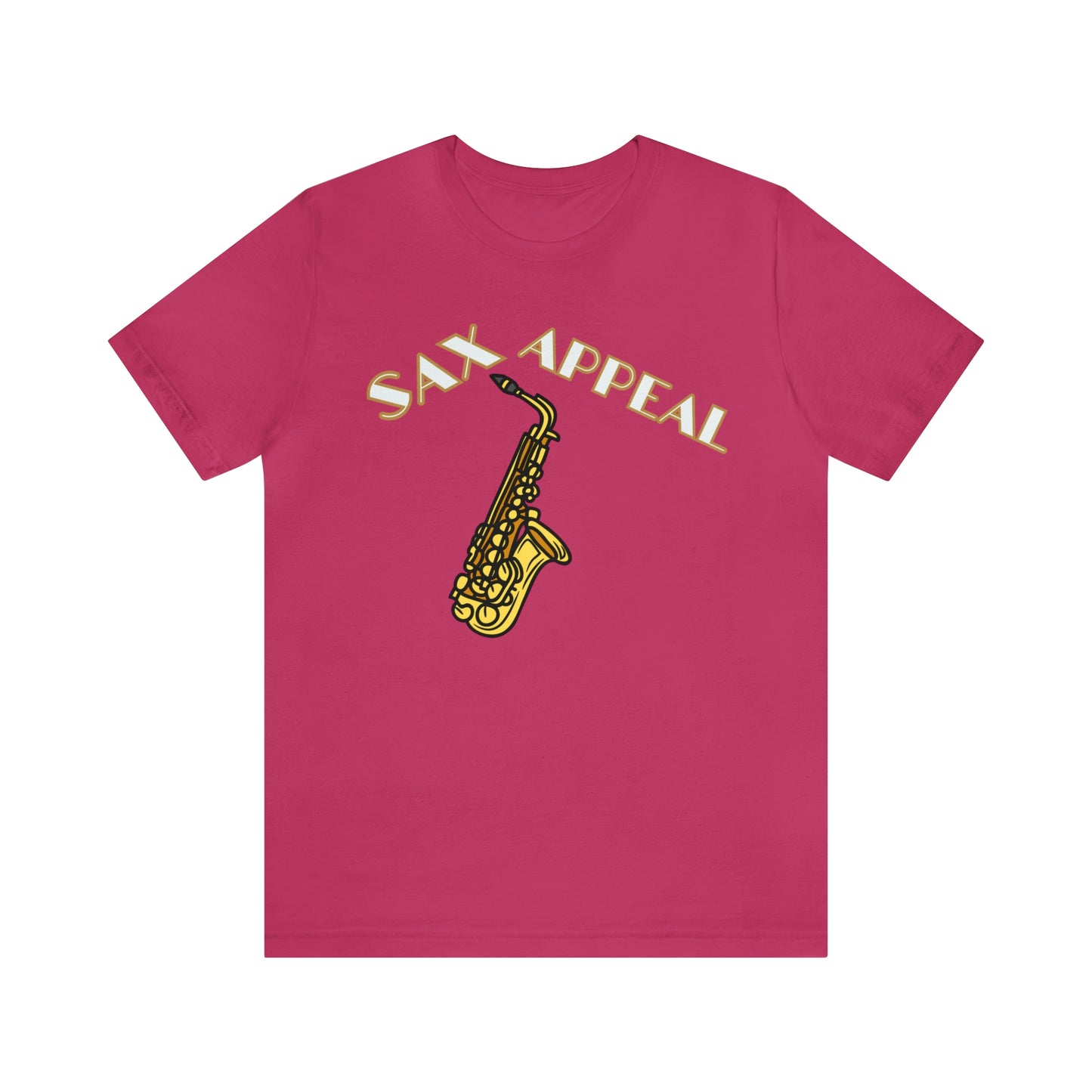 A music tshirt with the text "Sax appeal" with a retro font and a picture of saxophone. A funny jazz music tshirt!