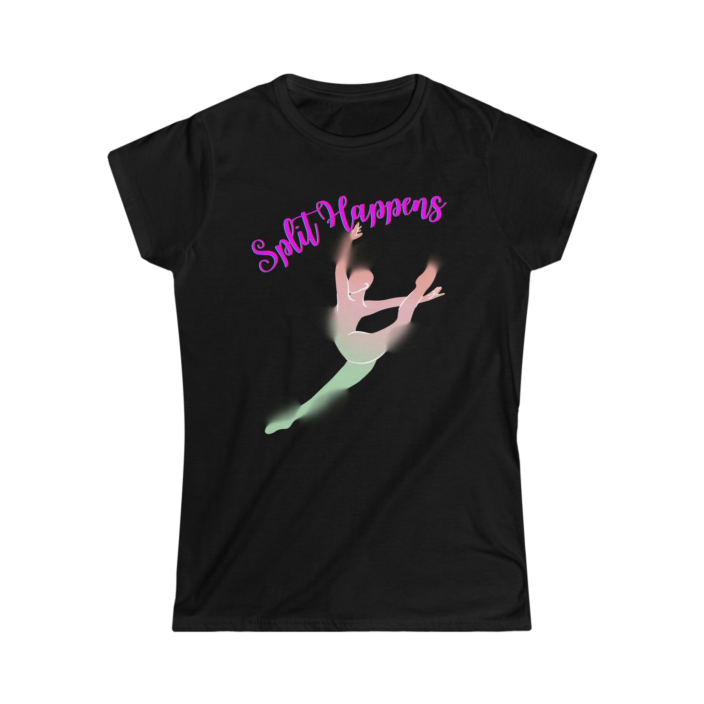 A ballet dance tshirt with the text "Split happens" and a picture of a ballerina doing the splits. The best of all dance t shirts for ballerinas!