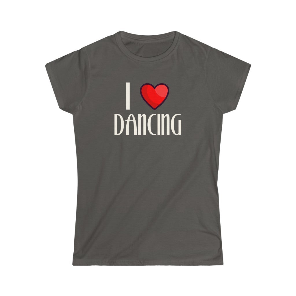 A dance tshirt with the text "I love dancing" but instead of the word "love" it has a a heart.