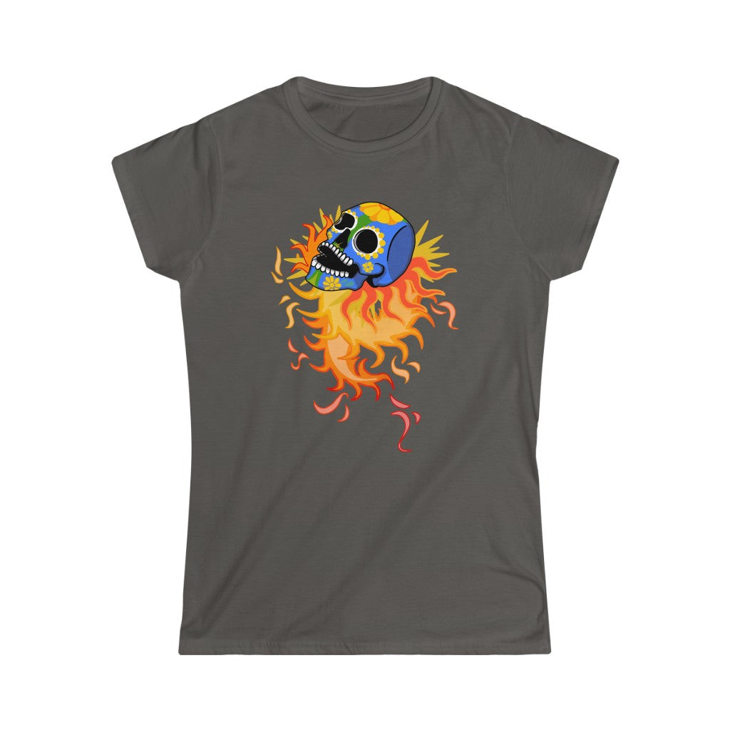 A rock tshirt with a flaming skull in mexican folkart style. A real rock tshirt.