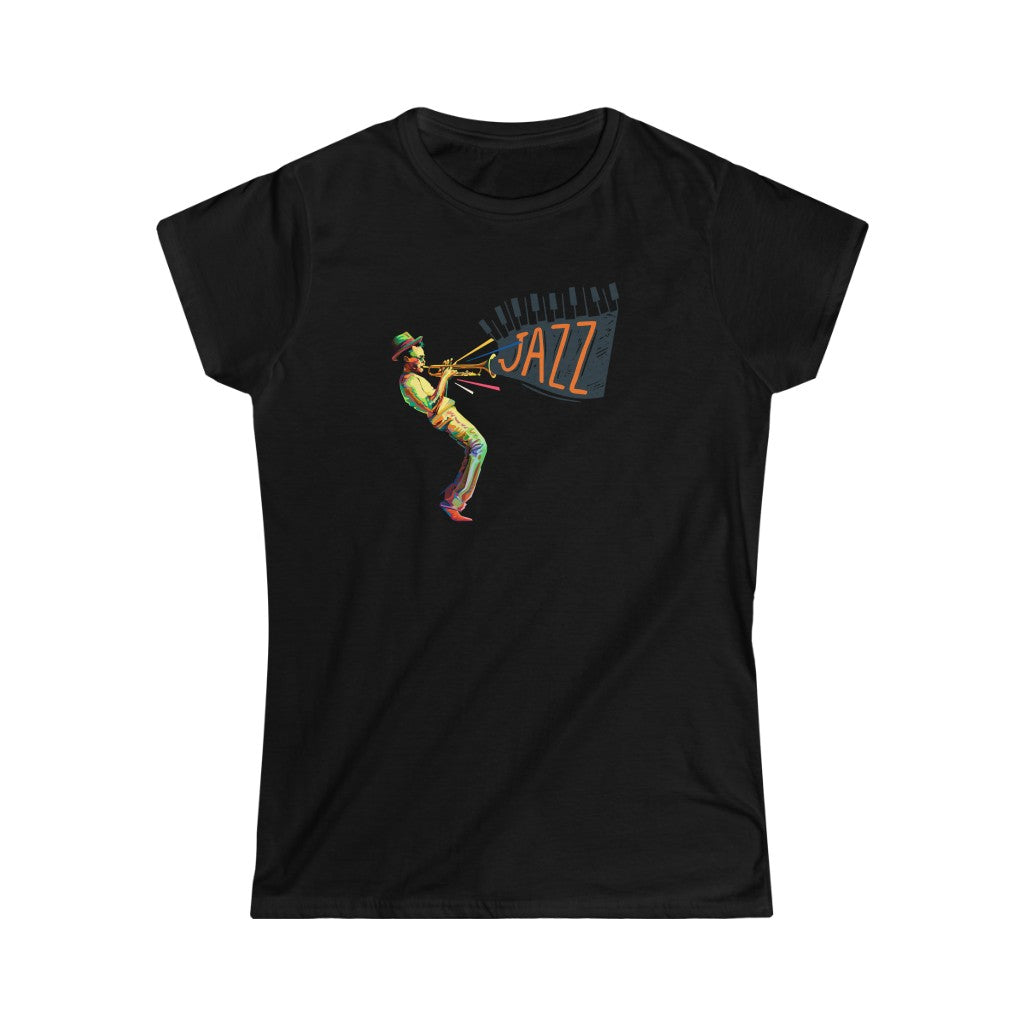 A jazz music tshirt with the text "Jazz" coming out from a trumpet players instrument. The trumpet player is colored in vivid colors