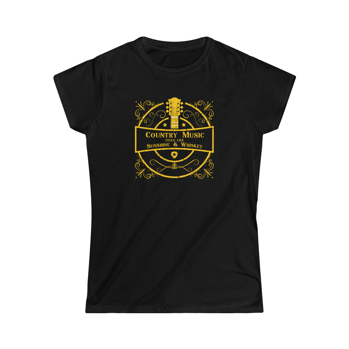 Country music tshirt with the text "Country music feels like sunshine & whiskey". The images on it is a golden guitar surrounded by golden colored retro graphics. This music tshirt is for the lovers of line dance