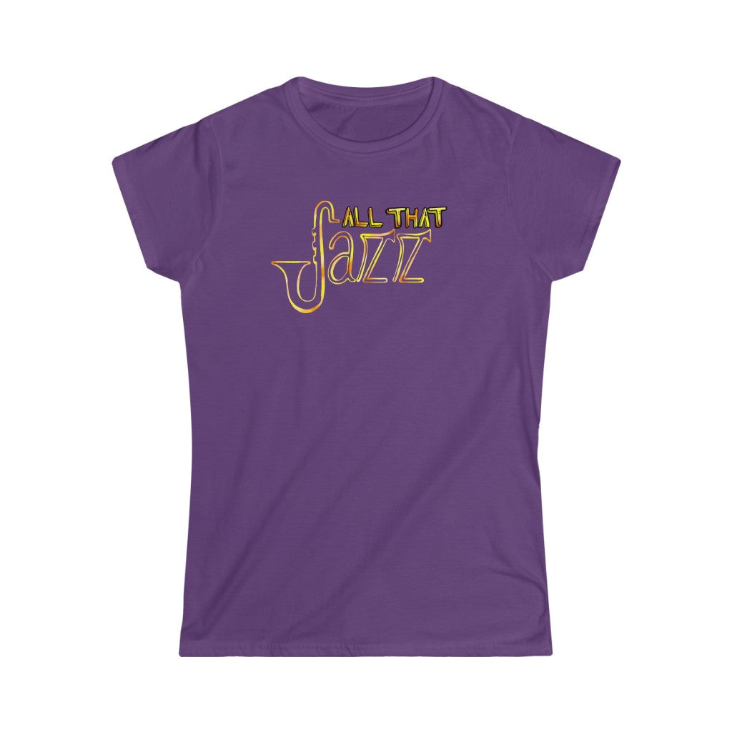 Funny jazz tshirt with the text "All that jazz" on it. The text is colored in bronze look-a-like design with contrast ranging from dark orange to bright yellow.