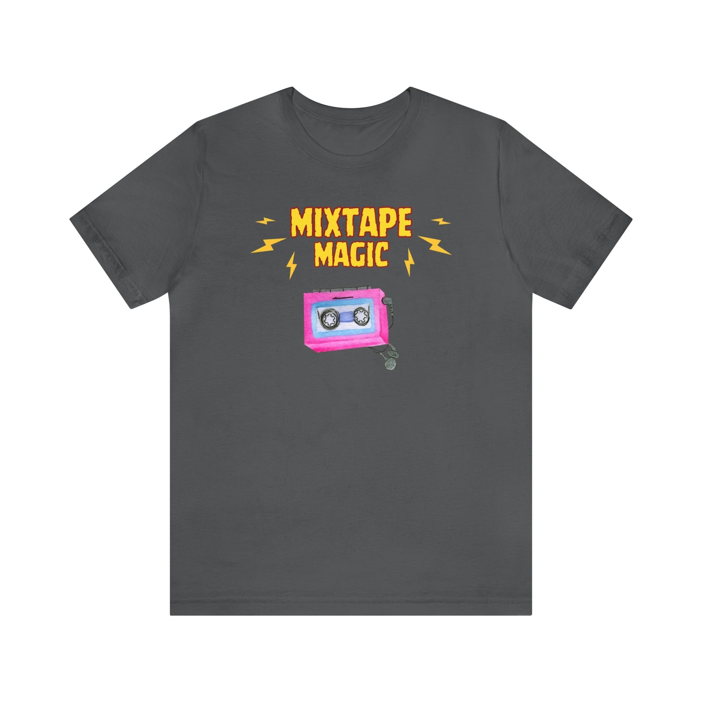 A retro music tshirt with the text "Mixtape magic" and a picture of a cassette player with headphones