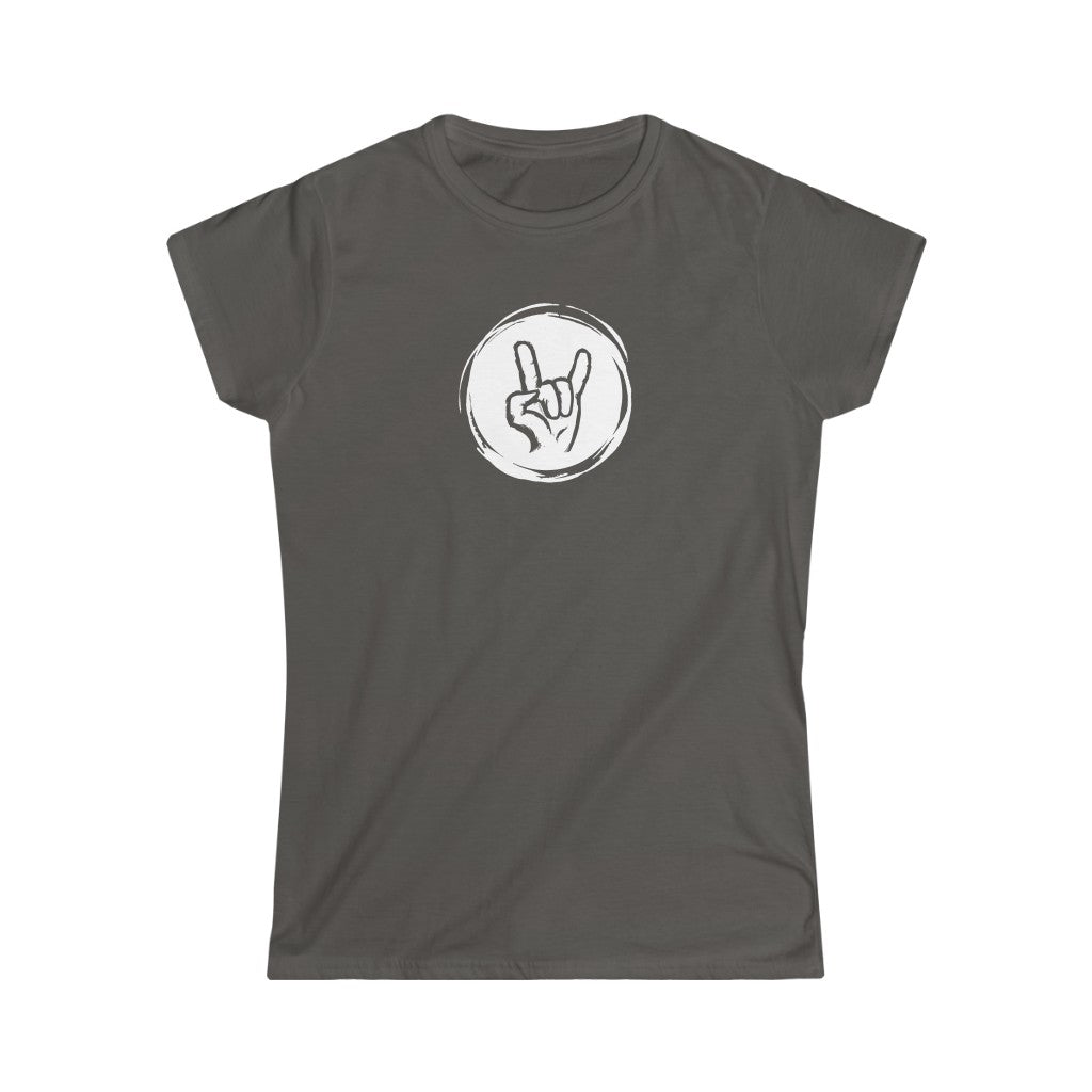 A rock tshirt with the graphics of a hand doing the rock sign "Sign of the horns"