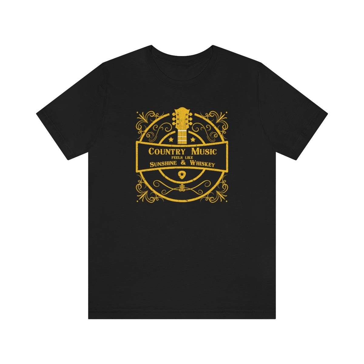 Country music tshirt with the text "Country music feels like sunshine & whiskey". The images on it is a golden guitar surrounded by golden colored retro graphics. This music tshirt is for the lovers of line dance