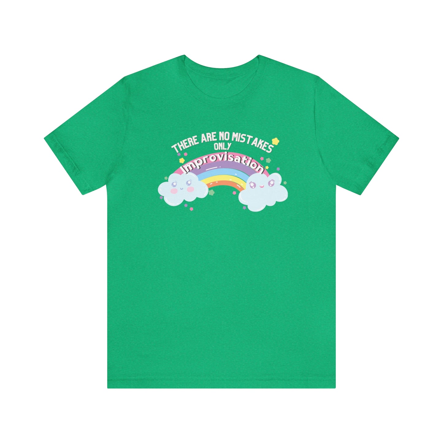 Funny dance tshirt with the text "there are no mistakes only improvisation" and two happy clouds connected by a rainbow