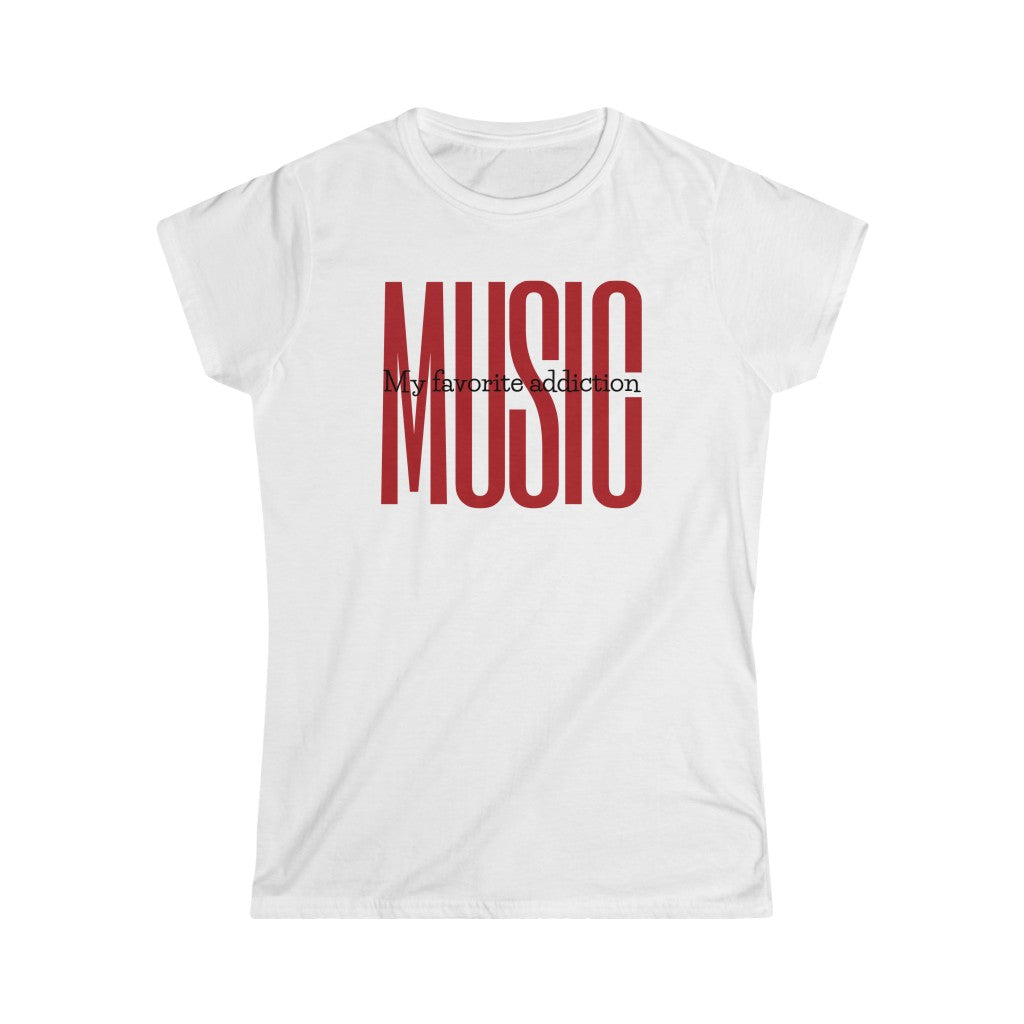 A music tshirt with the text "music my favorite addiction". A comical music tshirt for music lovers.