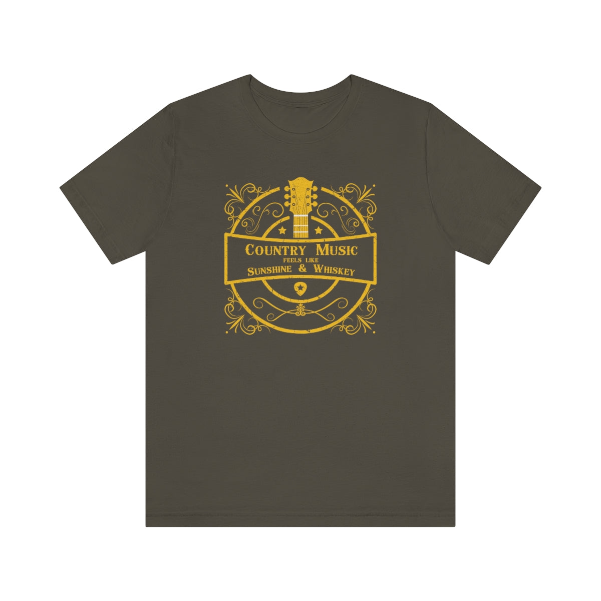 Country music tshirt with the text "Country music feels like sunshine & whiskey". The images on it is a golden guitar surrounded by golden colored retro graphics. This music tshirt is for the lovers of line dance