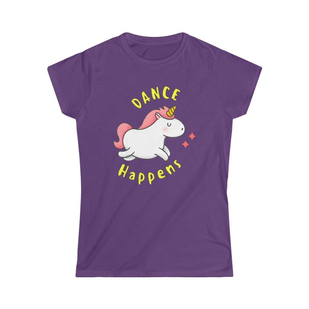 The funniest of dance tshirts with the text "dance happens" and a dancing unicorn. A comical dance t shirt for those who eat sleep dance repeat.