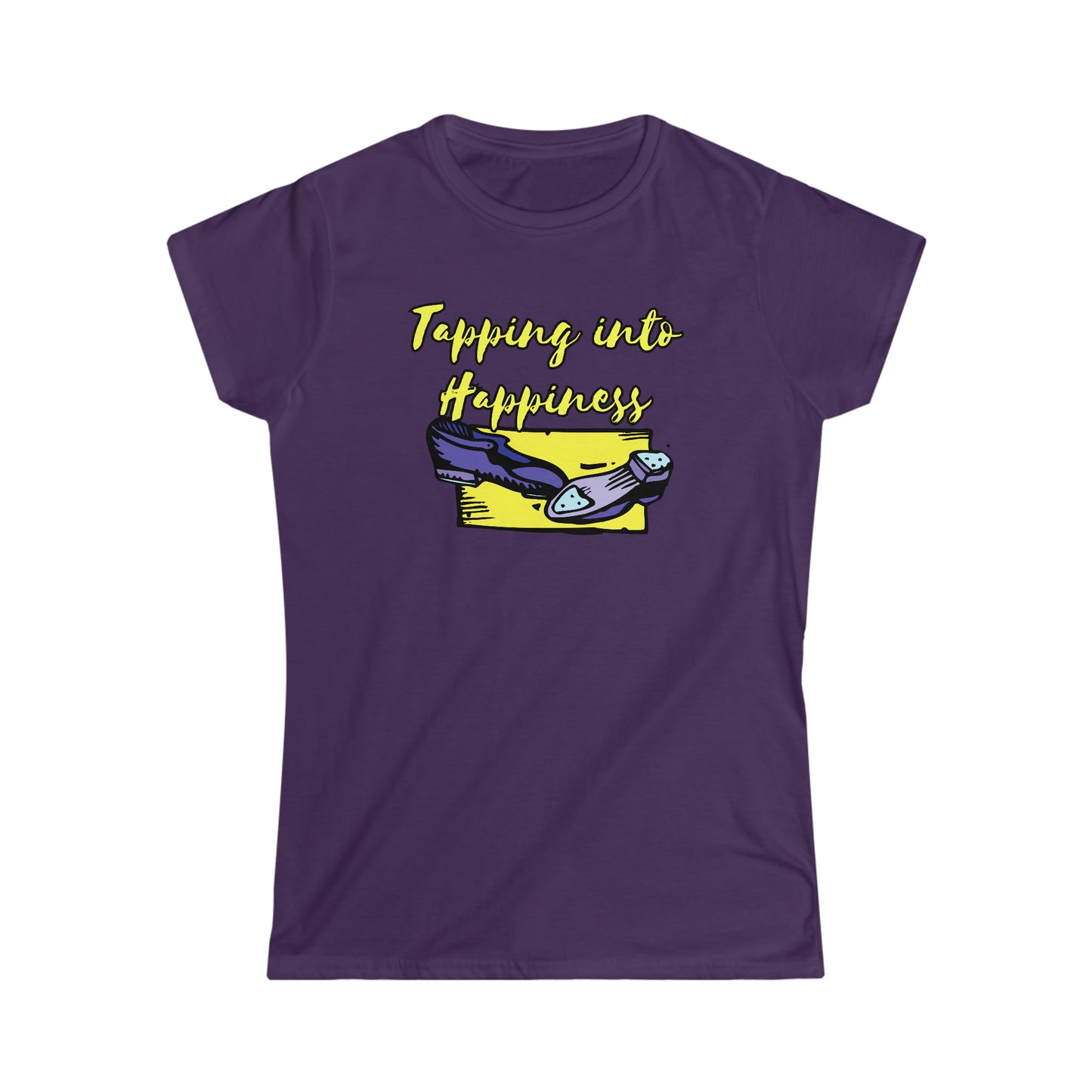 A tap dance tshirt with the text "Tapping into happines" and a picture of tap dance shoes. Great for tap dancers!