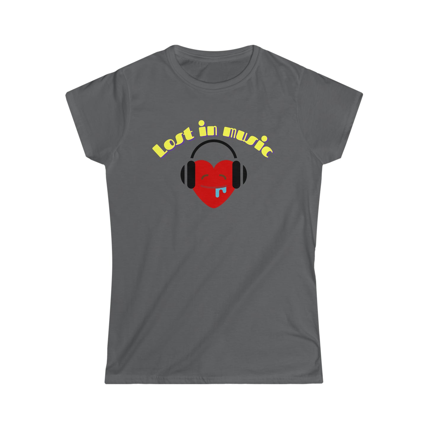 A music tshirt with the text "Lost in music" and a picture of a cartoon heart drooling while it's listening to music on its headphones