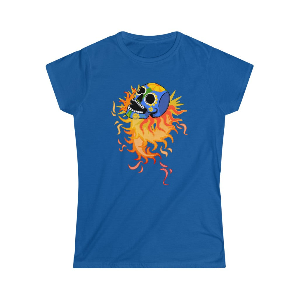 A rock tshirt with a flaming skull in mexican folkart style. A real rock tshirt.