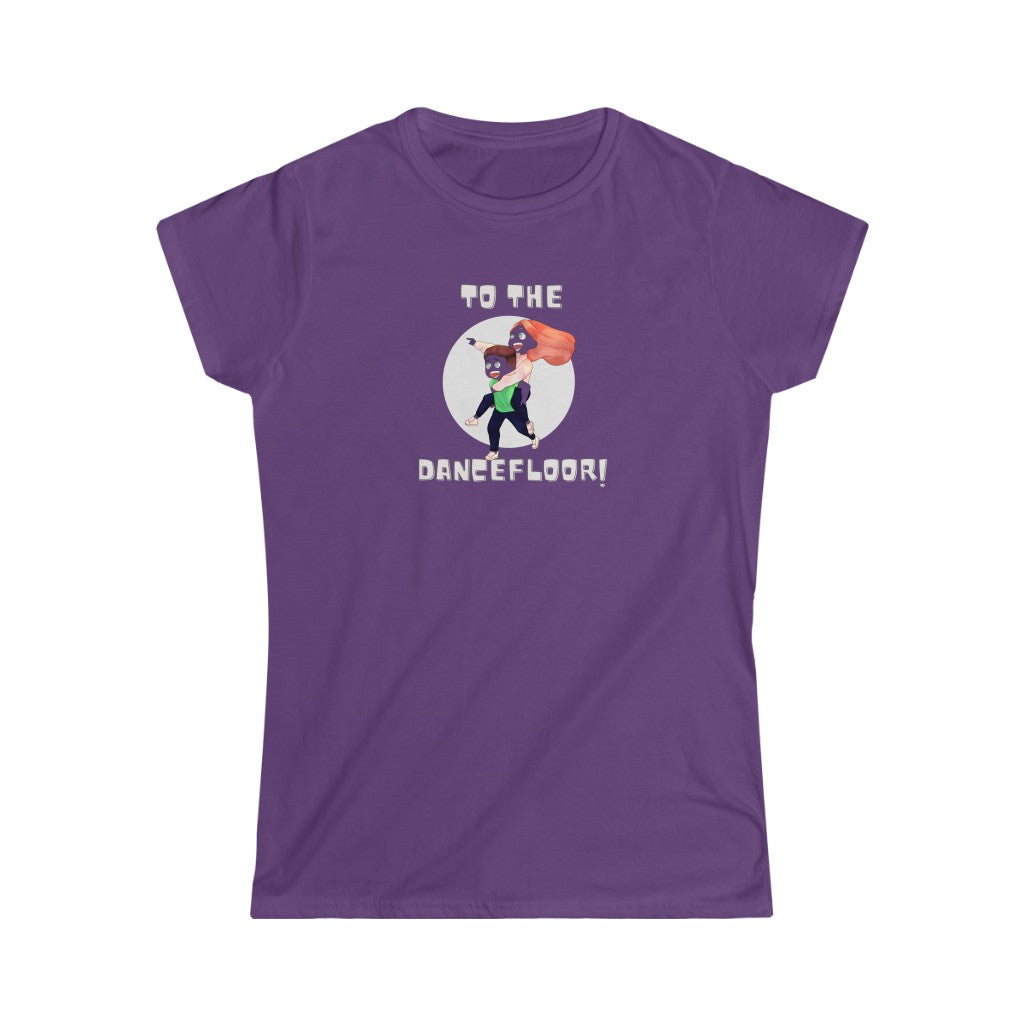 A dance tshirt with the text "to the dancefloor!" and two lindy hop dancers running to a dance floor. A comical tshirt for dancers of west coast swing, salsa, tango, ballet or lindy hop.