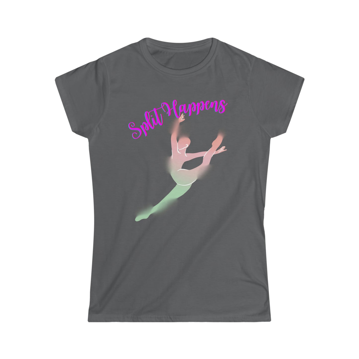 A ballet dance tshirt with the text "Split happens" and a picture of a ballerina doing the splits. The best of all dance t shirts for ballerinas!