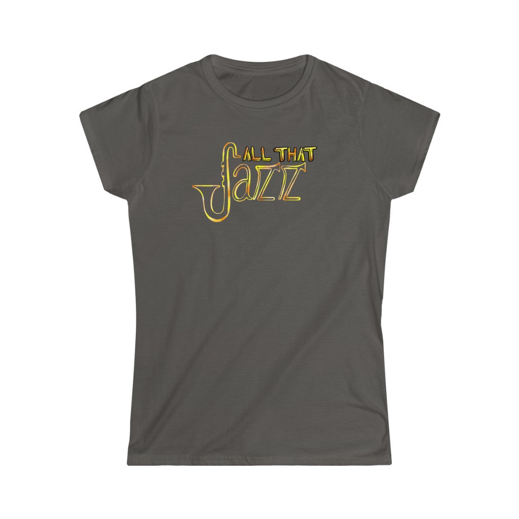 Funny jazz tshirt with the text "All that jazz" on it. The text is colored in bronze look-a-like design with contrast ranging from dark orange to bright yellow.