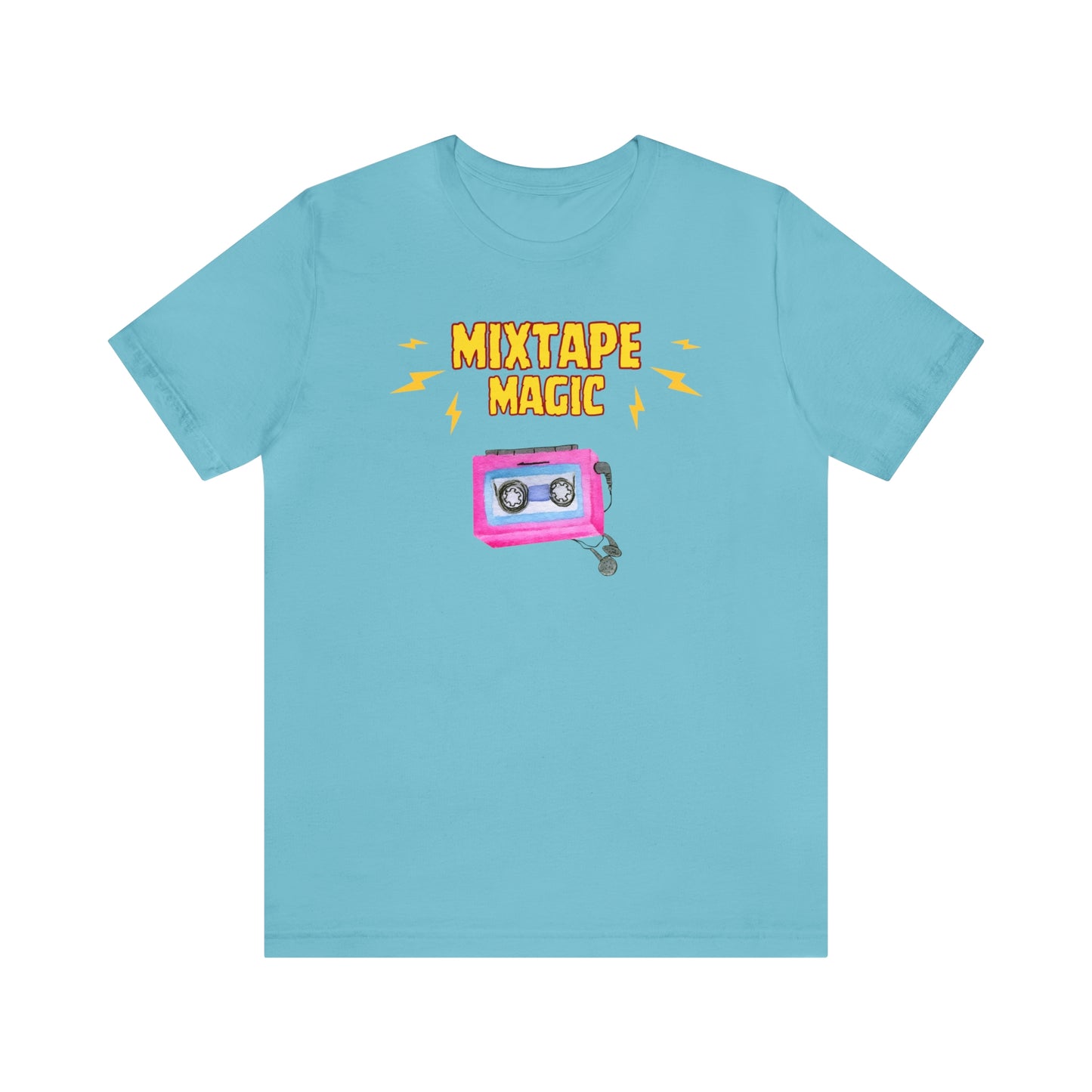 A retro music tshirt with the text "Mixtape magic" and a picture of a cassette player with headphones