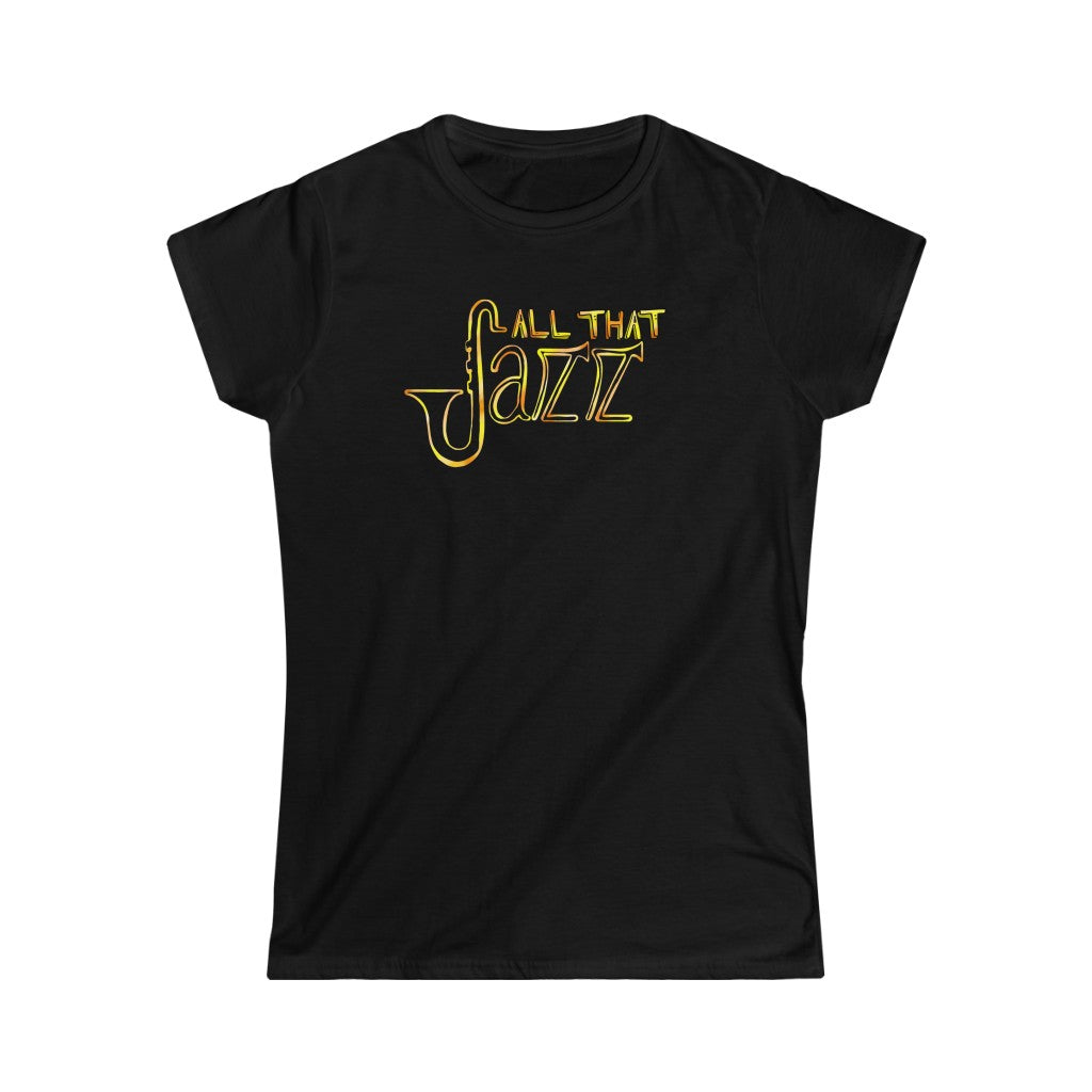 Funny jazz tshirt with the text "All that jazz" on it. The text is colored in bronze look-a-like design with contrast ranging from dark orange to bright yellow.