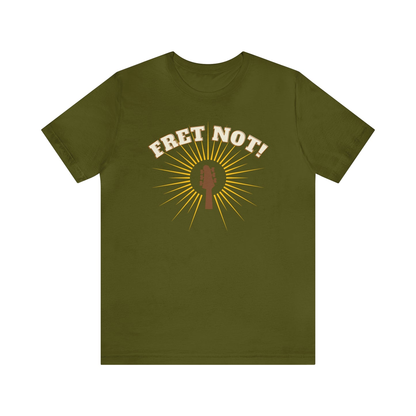 A T-shirt with the text "Fret not" and a picture of a guitar with a halo surrounding it