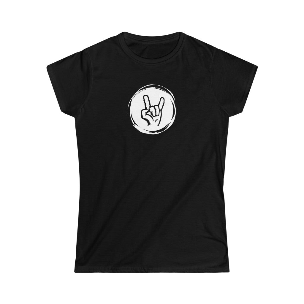 A rock tshirt with the graphics of a hand doing the rock sign "Sign of the horns"