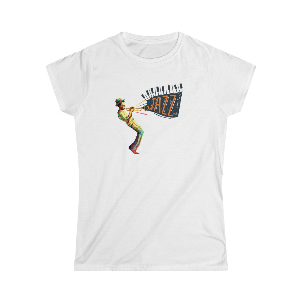 A jazz music tshirt with the text "Jazz" coming out from a trumpet players instrument. The trumpet player is colored in vivid colors