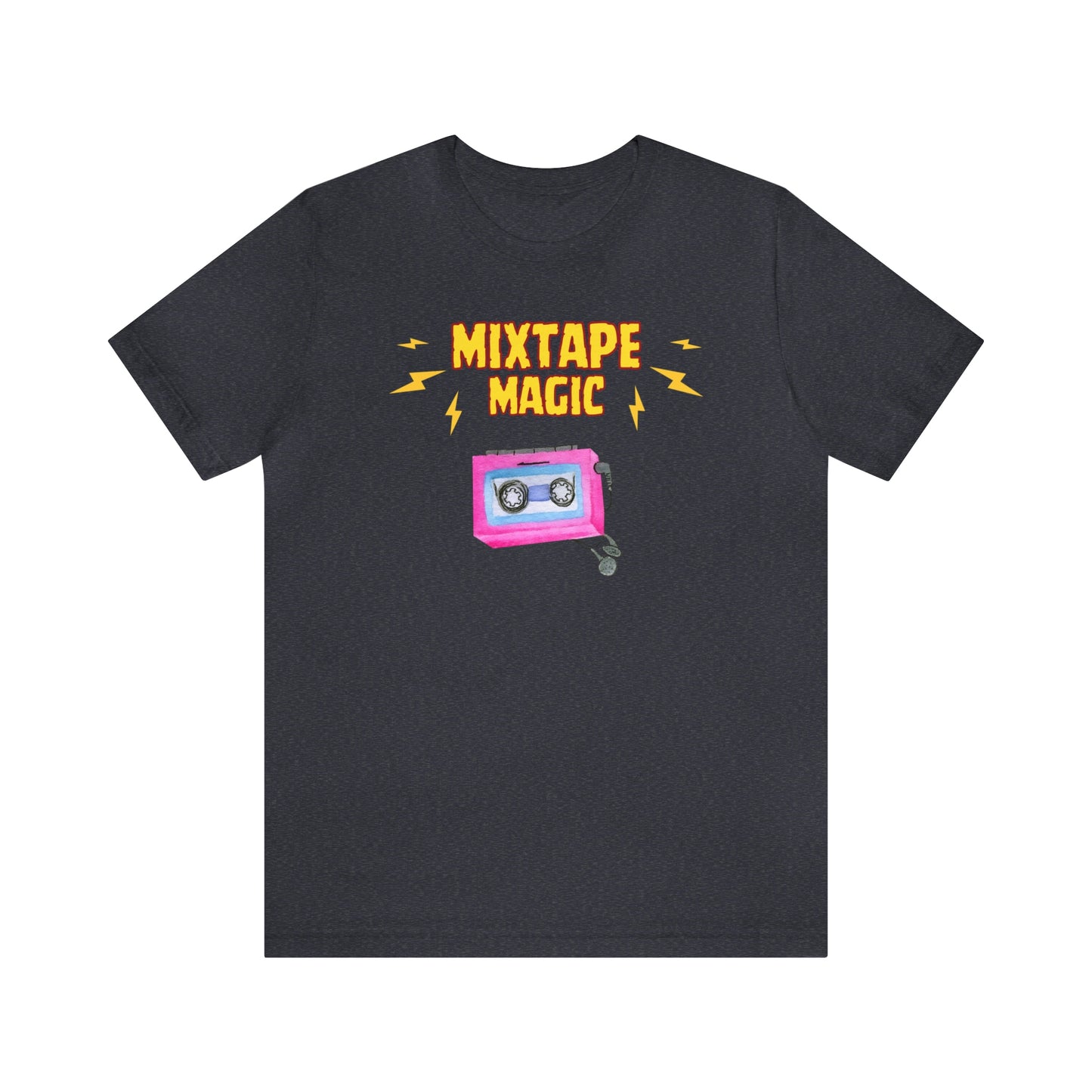 A retro music tshirt with the text "Mixtape magic" and a picture of a cassette player with headphones