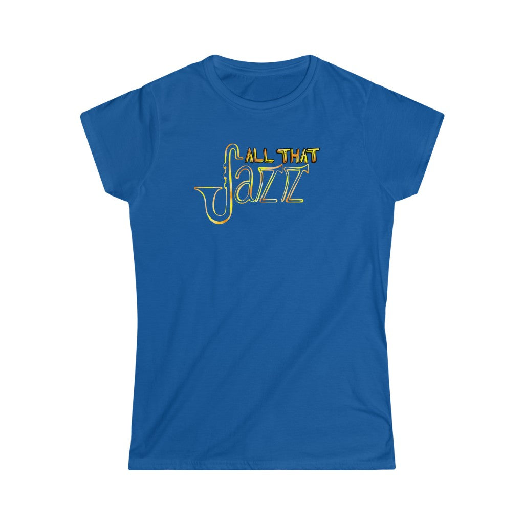 Funny jazz tshirt with the text "All that jazz" on it. The text is colored in bronze look-a-like design with contrast ranging from dark orange to bright yellow.