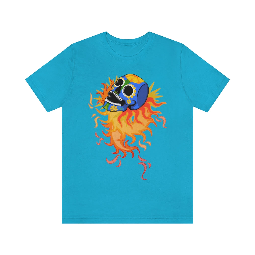 A rock tshirt with a flaming skull in mexican folkart style. A real rock tshirt.