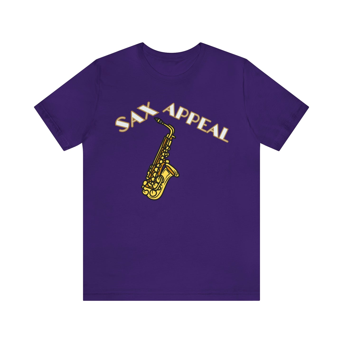 A music tshirt with the text "Sax appeal" with a retro font and a picture of saxophone. A funny jazz music tshirt!