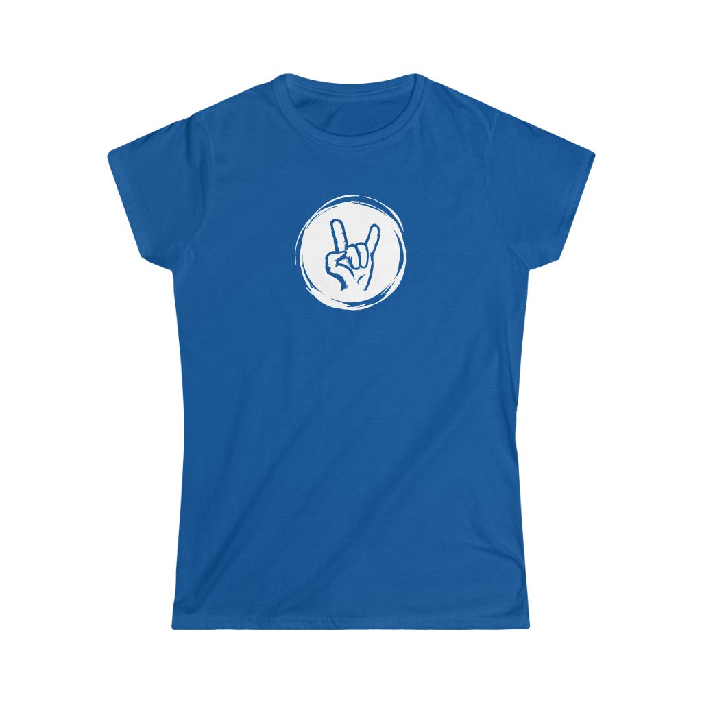 A rock tshirt with the graphics of a hand doing the rock sign "Sign of the horns"