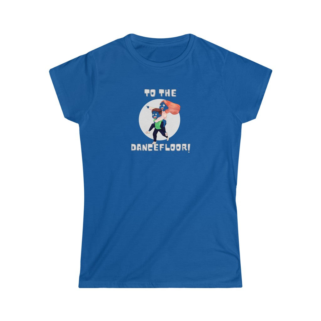 A dance tshirt with the text "to the dancefloor!" and two lindy hop dancers running to a dance floor. A comical tshirt for dancers of west coast swing, salsa, tango, ballet or lindy hop.