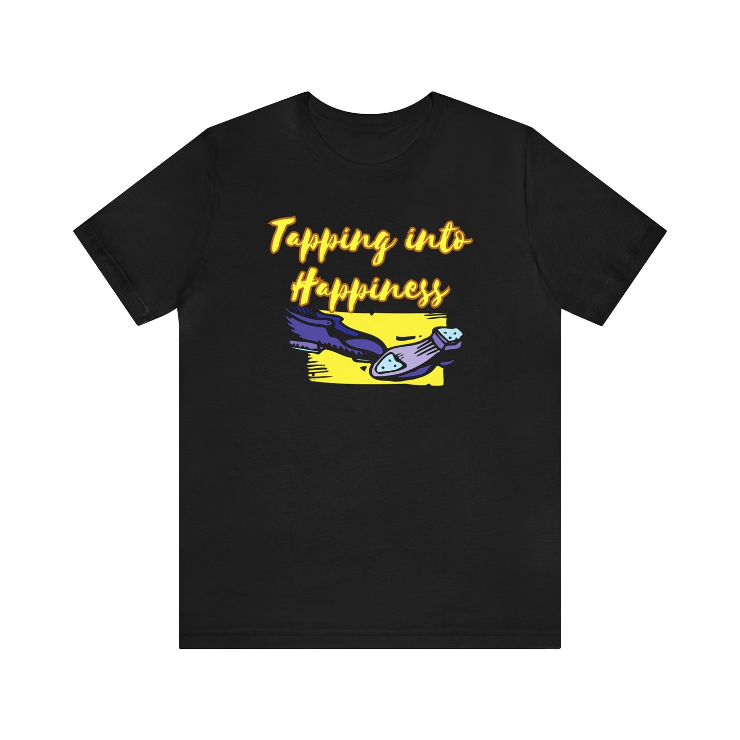 A tap dance tshirt with the text "Tapping into happines" and a picture of tap dance shoes. Great for tap dancers!