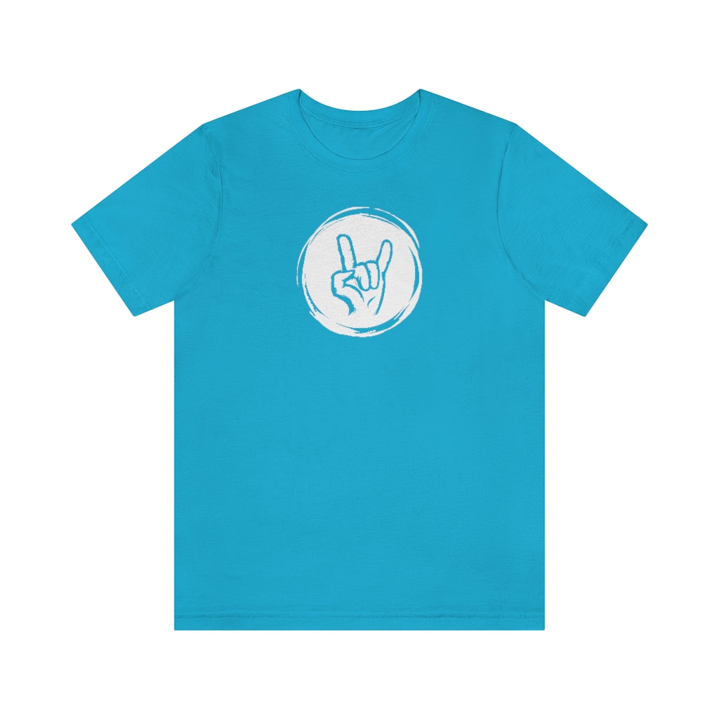 A rock tshirt with the graphics of a hand doing the rock sign "Sign of the horns"