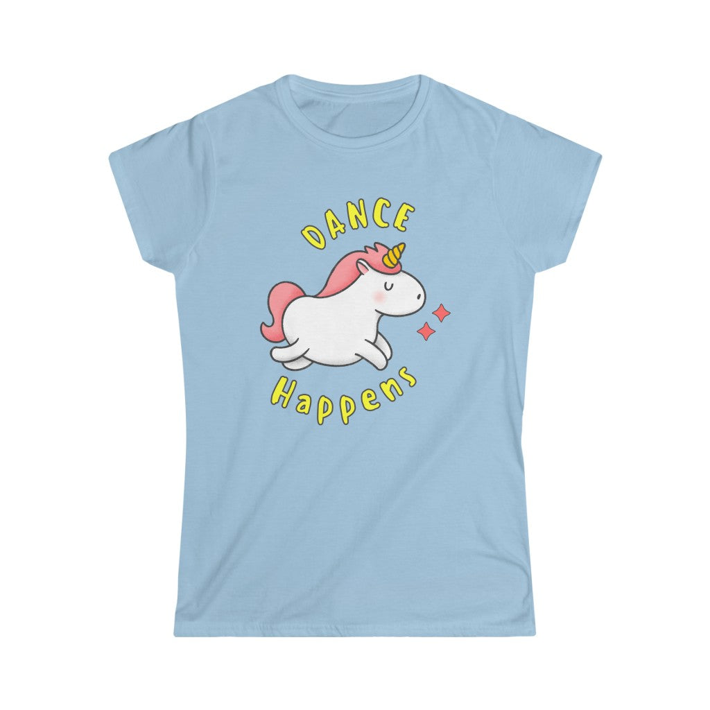 The funniest of dance tshirts with the text "dance happens" and a dancing unicorn. A comical dance t shirt for those who eat sleep dance repeat.