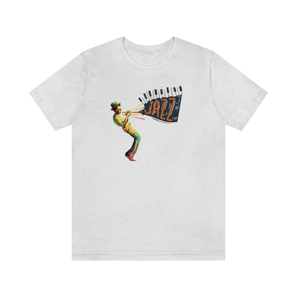 A jazz music tshirt with the text "Jazz" coming out from a trumpet players instrument. The trumpet player is colored in vivid colors