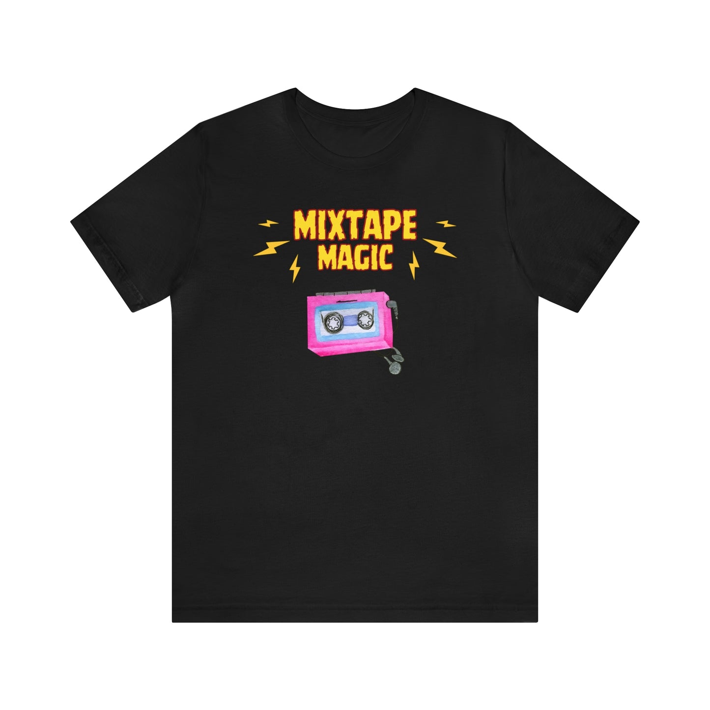 A retro music tshirt with the text "Mixtape magic" and a picture of a cassette player with headphones