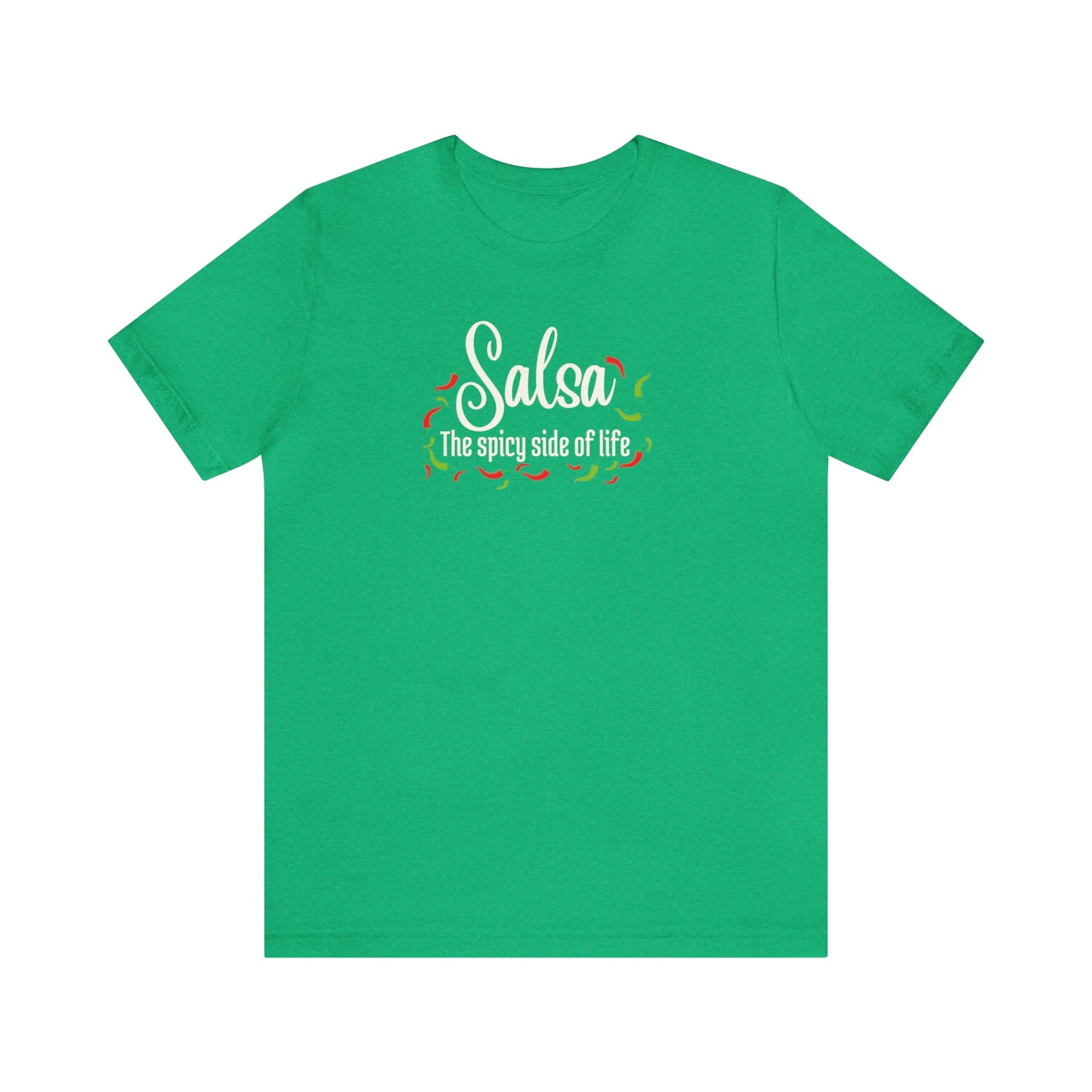 A salsa dance tshirt for salsa dancers with the text "Salsa the spicy side of life" and lots of pictures of small chilis surrounding it