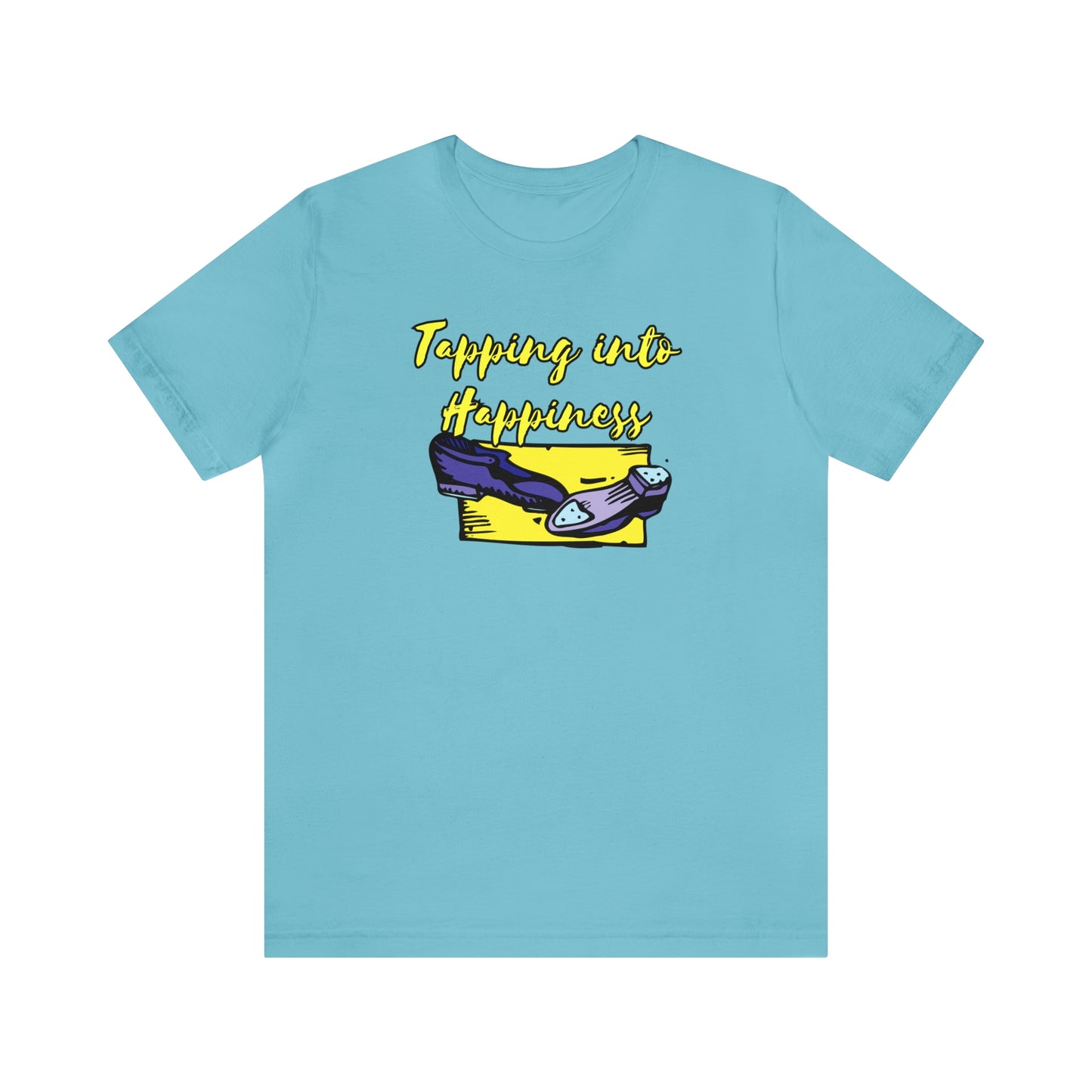 A tap dance tshirt with the text "Tapping into happines" and a picture of tap dance shoes. Great for tap dancers!