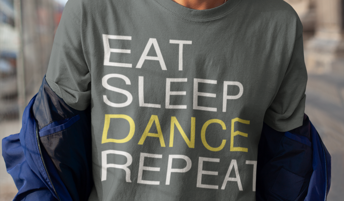 A dance tshirt design with the text "eat sleep dance repeat". A funny tshirt for dance lovers