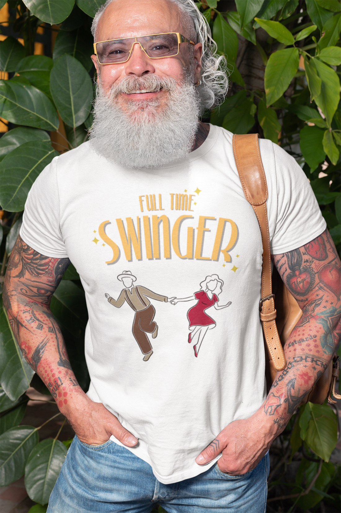 A white dance tshirt design with the text "Full time swinger" and a couple dancing. A great swing dance tshirt for those dancing Lindy hop and West Coast Swing