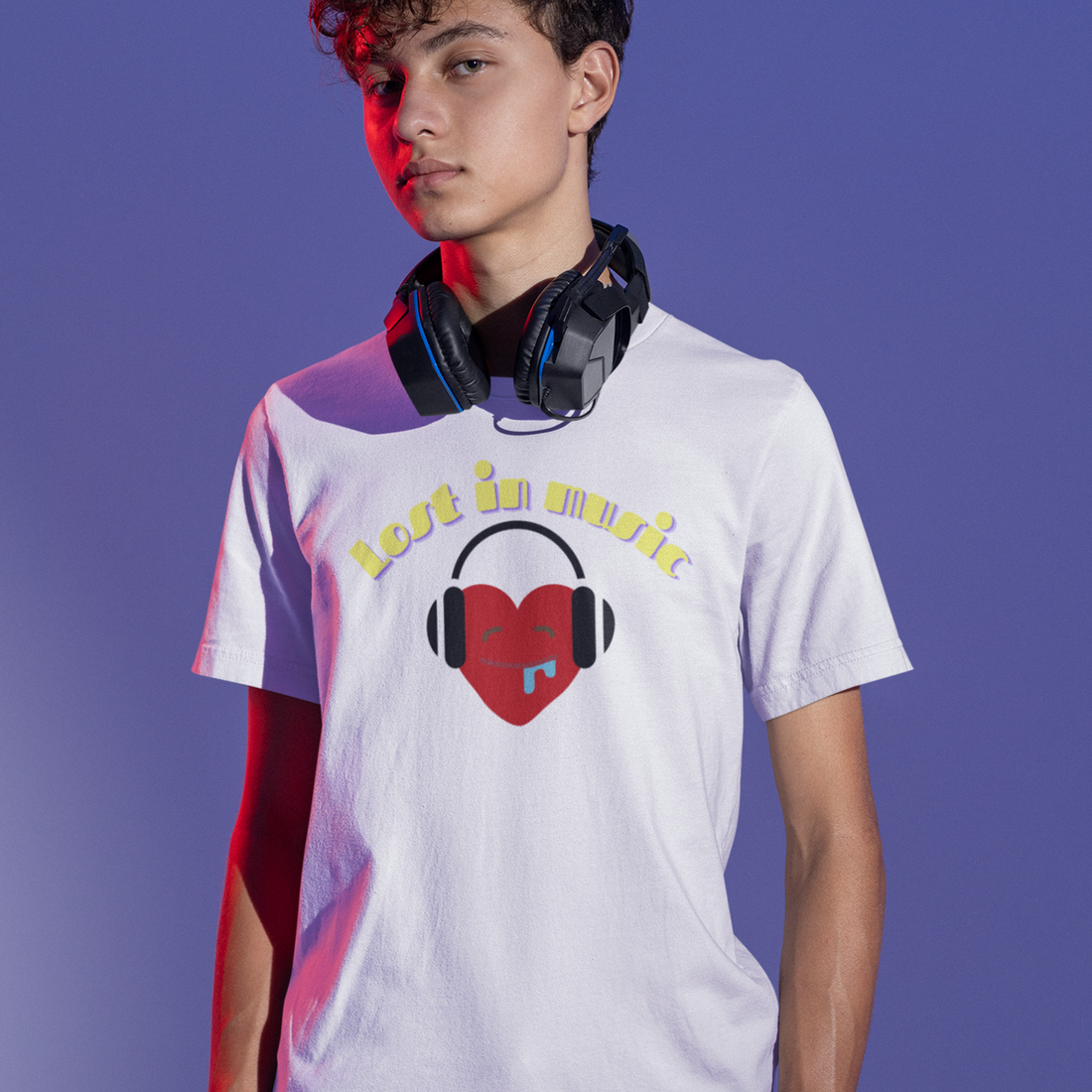 A music tshirt design with the text "lost in music" and the picture of a cartoon heart listening to music in its headphones. A music tshirt for music lovers