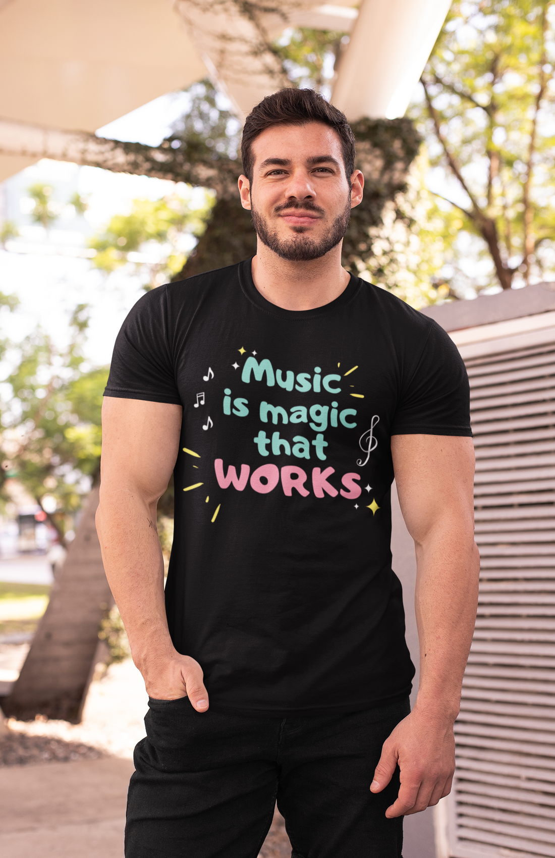 a music tshirt design with the text "music is magic that WORKS"