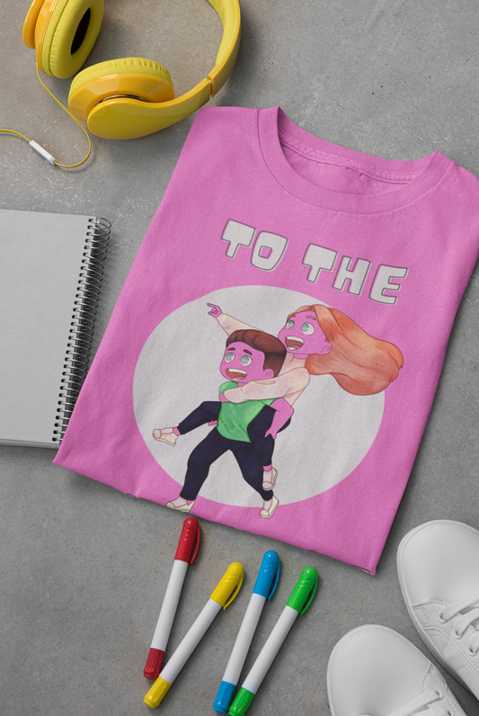 A dance tshirt design with the text "to the dancefloor" and a couple running together towards it.