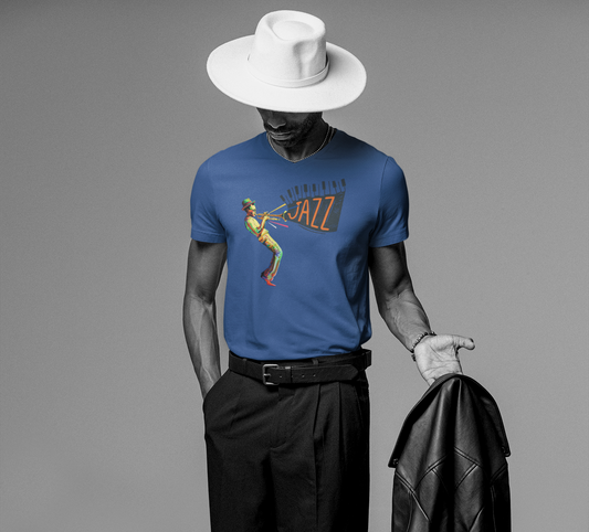 A jazz music tshirts design with the text "jazz" and a jazz trumpet player. It is in vibrant colors.