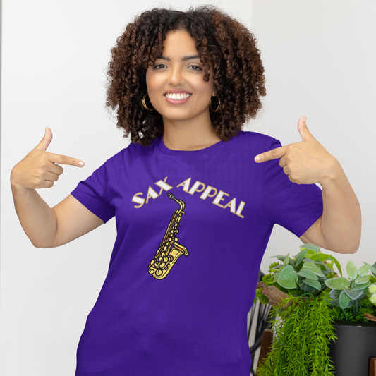 A jazz music tshirt with the text "sax appeal" and the graphics of a saxophone. It's a funny t shirts design with a pun 