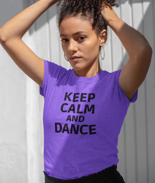 A dance tshirt design with the text "keep calm and dance". It's a funny tshirt with a pun on the motto "keep calm and carry on"