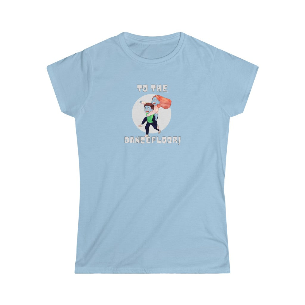 A dance tshirt with the text "to the dancefloor!" and two lindy hop dancers running to a dance floor. A comical tshirt for dancers of west coast swing, salsa, tango, ballet or lindy hop.