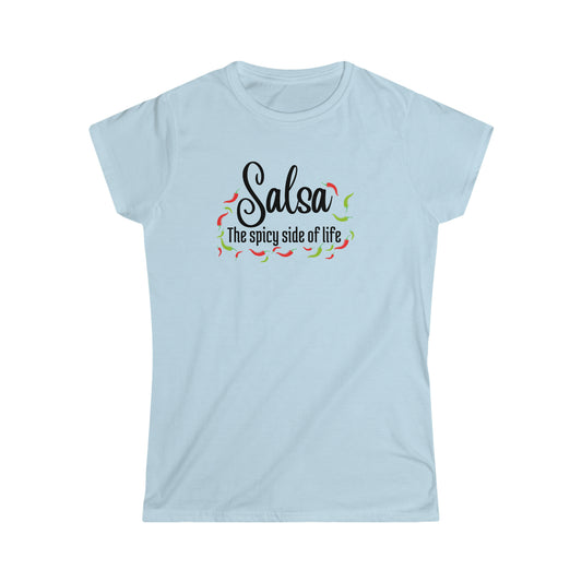 A T-shirt with the text "Salsa the spicy side of life" and lots of pictures of small chilis surrounding it