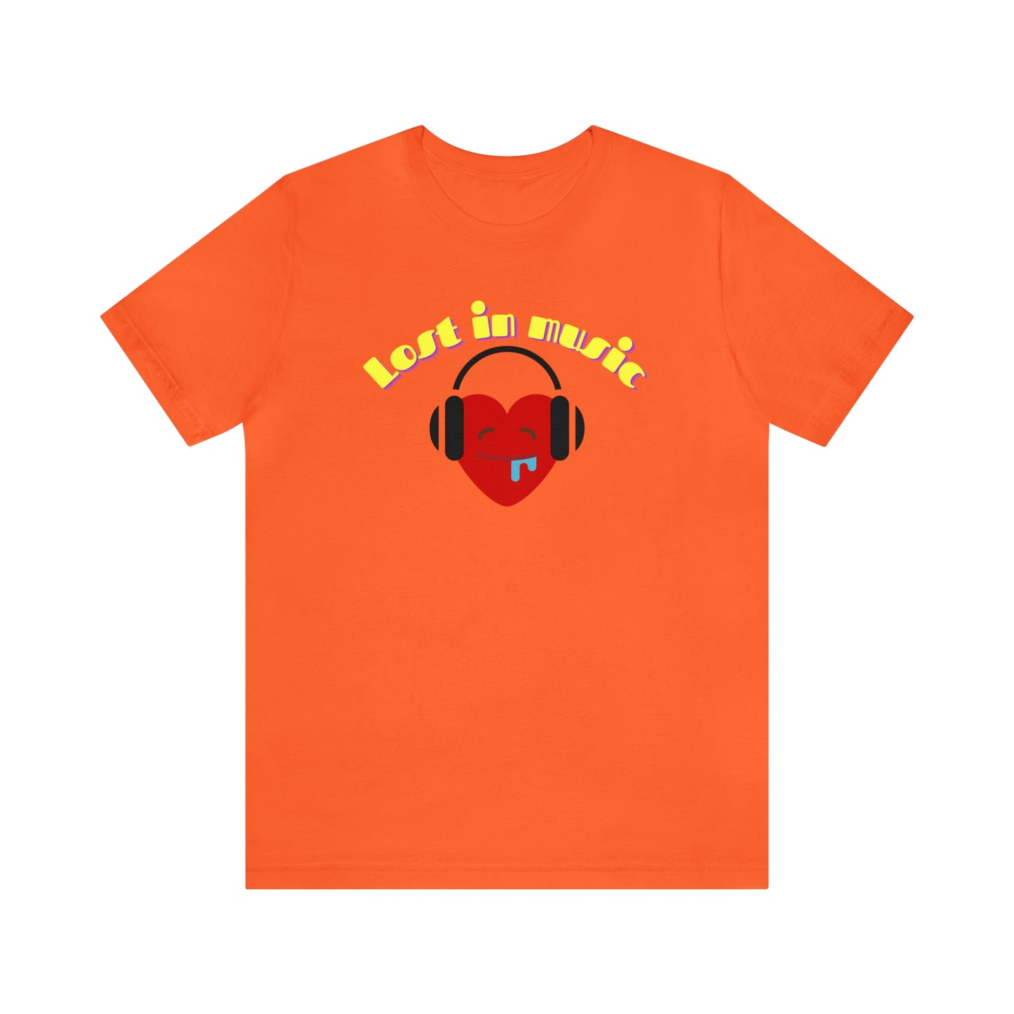 A T-shirt with the text "Lost in music" and a picture of a cartoon heart drooling while it's listening to music on its headphones