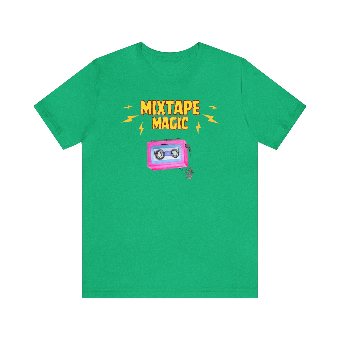 A retro music tshirt with the text "Mixtape magic" and a picture of a cassette player with headphones